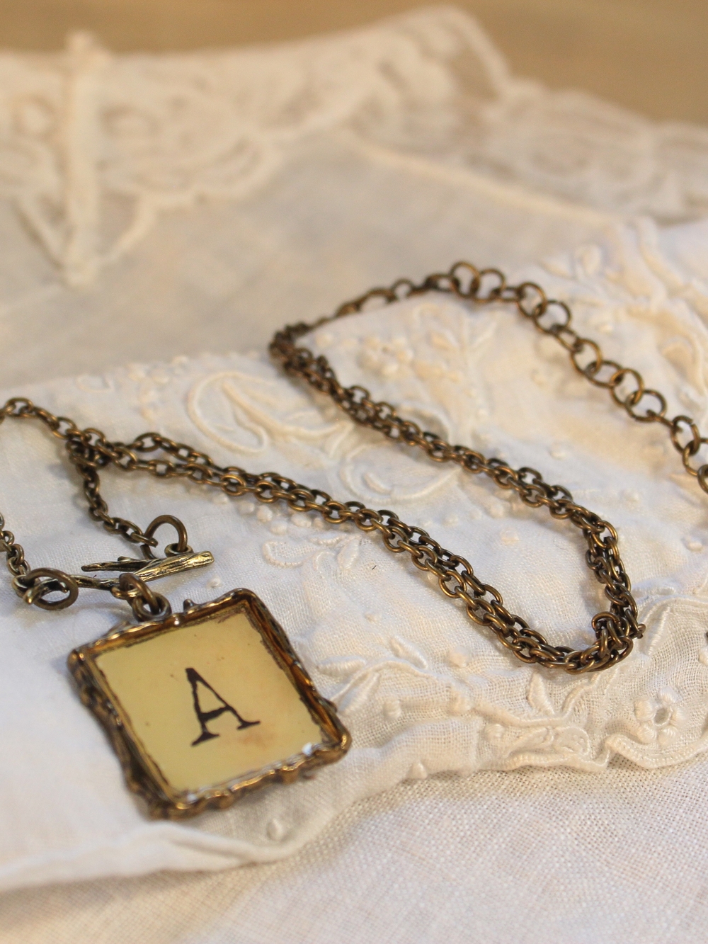 Antique Style Glass Tile Letter A Monogram Necklace with Bird Charm